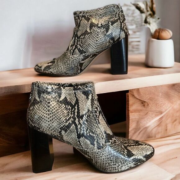 Franco Sarto Kortney Booties Snakeskin Print Pointed Toe 3.5" Block Heel Zip - Picture 2 of 9